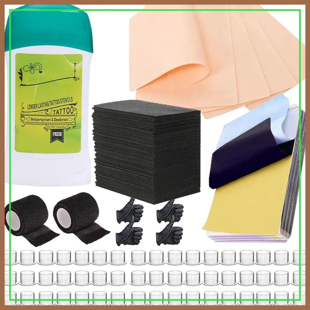 

142pcs Tattoo Transfer Kit: Stencil Gel, Transfer Paper, Fake Skin, Ink Caps, Grip Tape, Dental Bibs