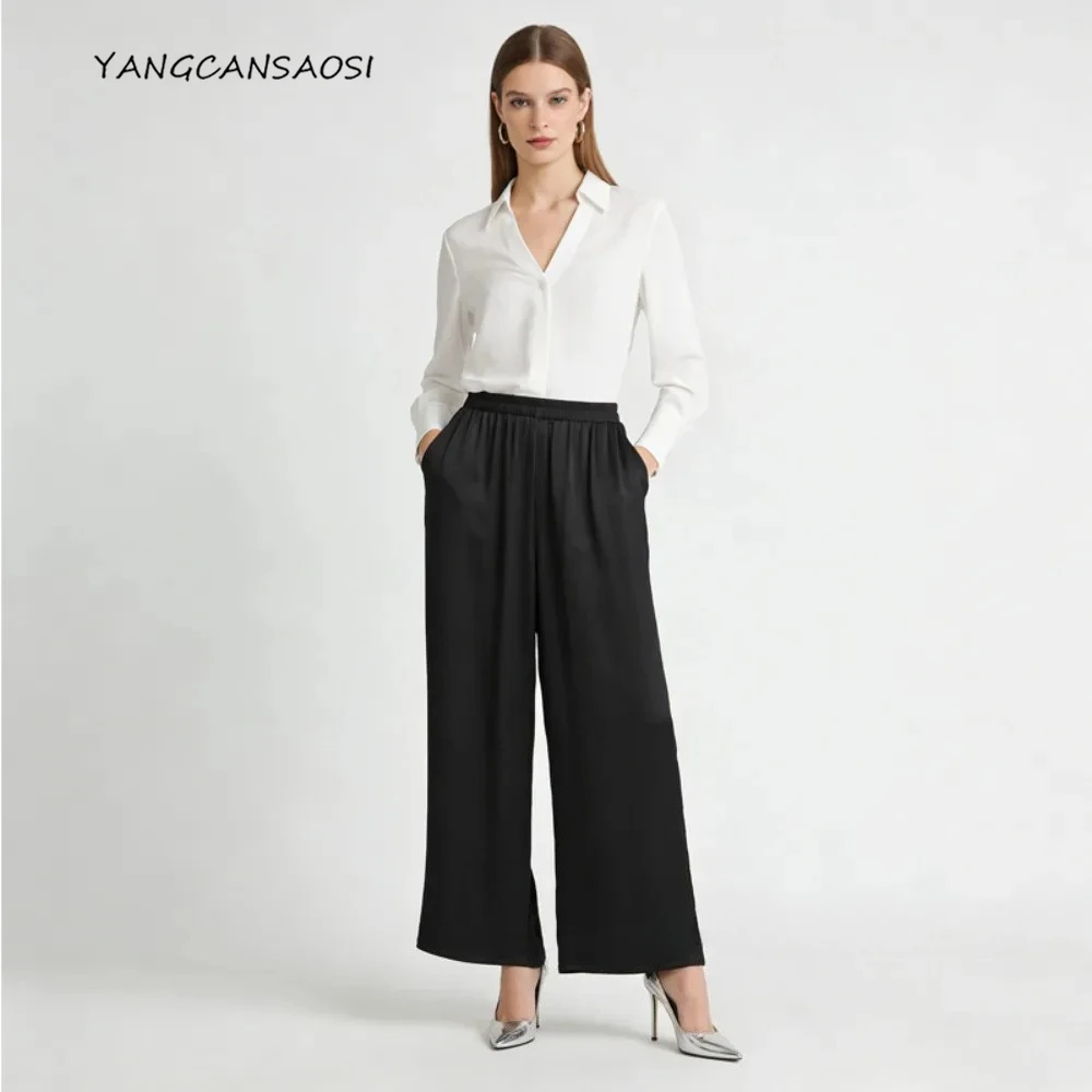 

Women's Clothing 100% Natural Mulberry Silk Bark Wrinkled Trousers, Women's Elastic Waist Pocket Design Black Straight Leg Pants
