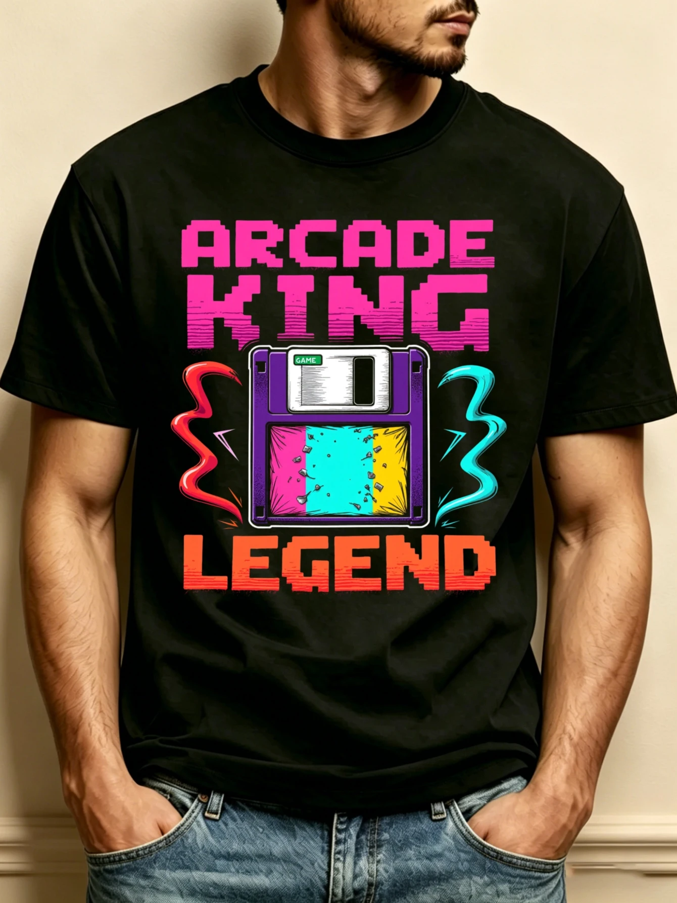 Retro Arcade Game Style Men's Crew Neck T-Shirt, Loose Fit, Pure and Stylish, Versatile, Soft and Comfortable Fabric, Suitable for Daily Wear and Holiday Gifts. Legend of the King of Arcade Game Design, the Choice of Game Enthusiasts. Ideal for Spring and Summer Wear. Ideal Gift for Video Game Themed Events or Birthday Parties. Give It to Gamer Friends and Family