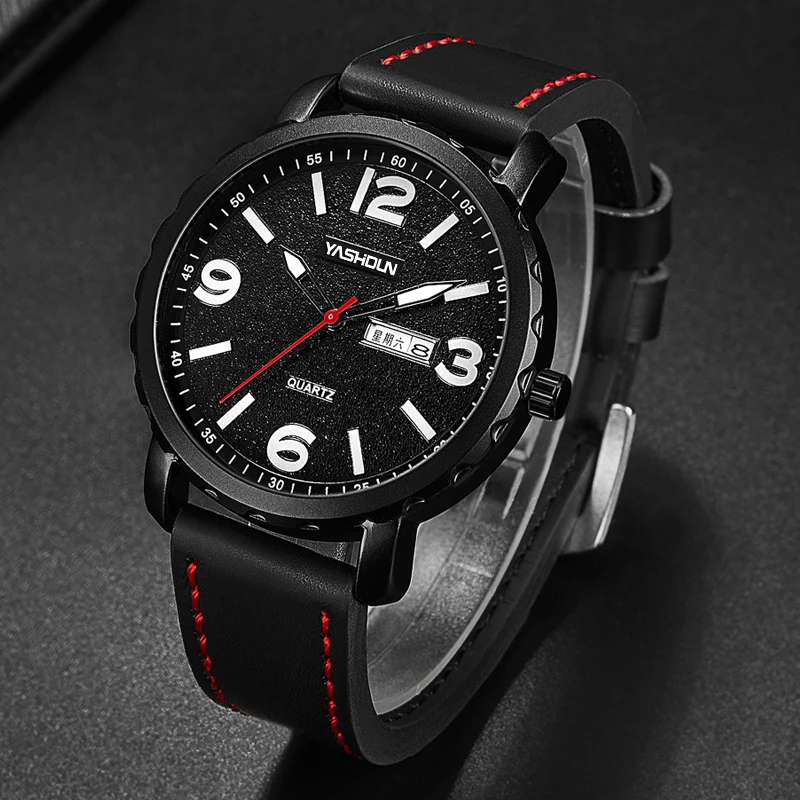yashidun marca masculina relógio de quartzo relógio esportivo data pulseira de couro genuíno casual relógio de pulso à prova dwaterproof água reloj hombre