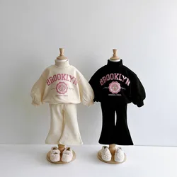 2024 Spring Girl Children Cartoon Print Long Sleeve Tops + Solid Flared Pants 2 Pcs Fashion Baby Letter Cotton Sweatshirt Suit