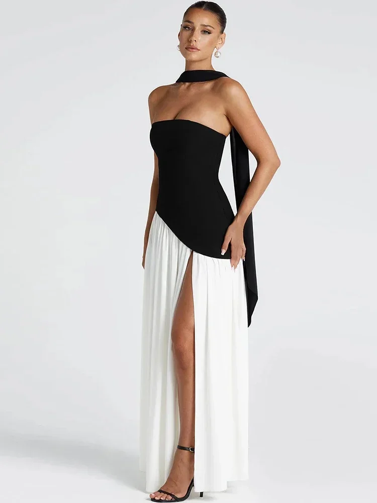 CPSYMYM – robe Patchwork dos nu pour femmes, drapée, fente latérale, ruban, sans bretelles, sans manches, élégante, pour fête d'anniversaire, été