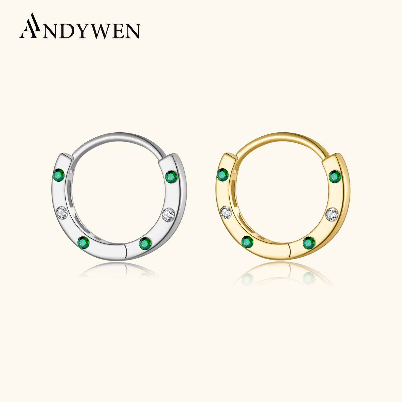 ANDYWEN 925 Sterling Silver Green CZ Circle Zircon CZ Huggie Hoop Earring 1PCS Women 2026 New Simple Fine Party Gift Jewelry