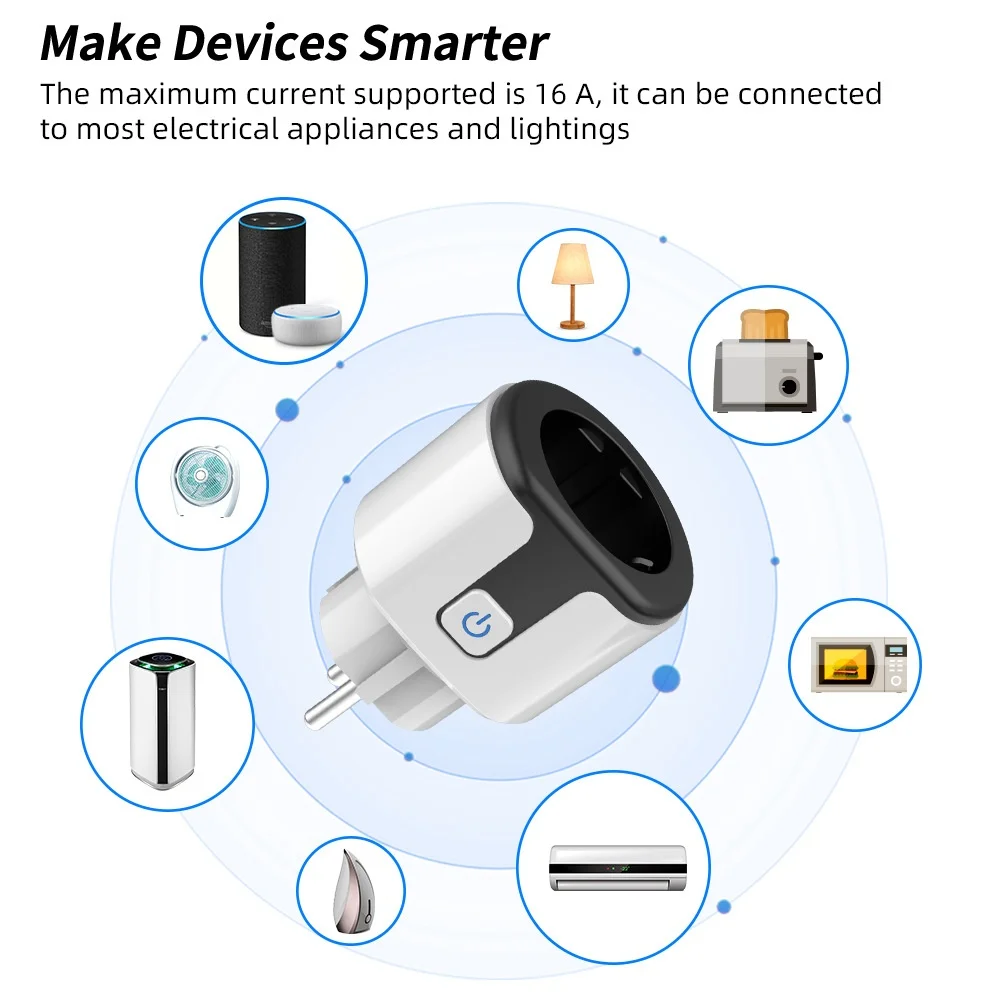 

Tuya Smart Socket WiFi EU Plug 20A Child Lock Power Monitoring Timer Home Outlet Compatible with Google Assistant & Alexa