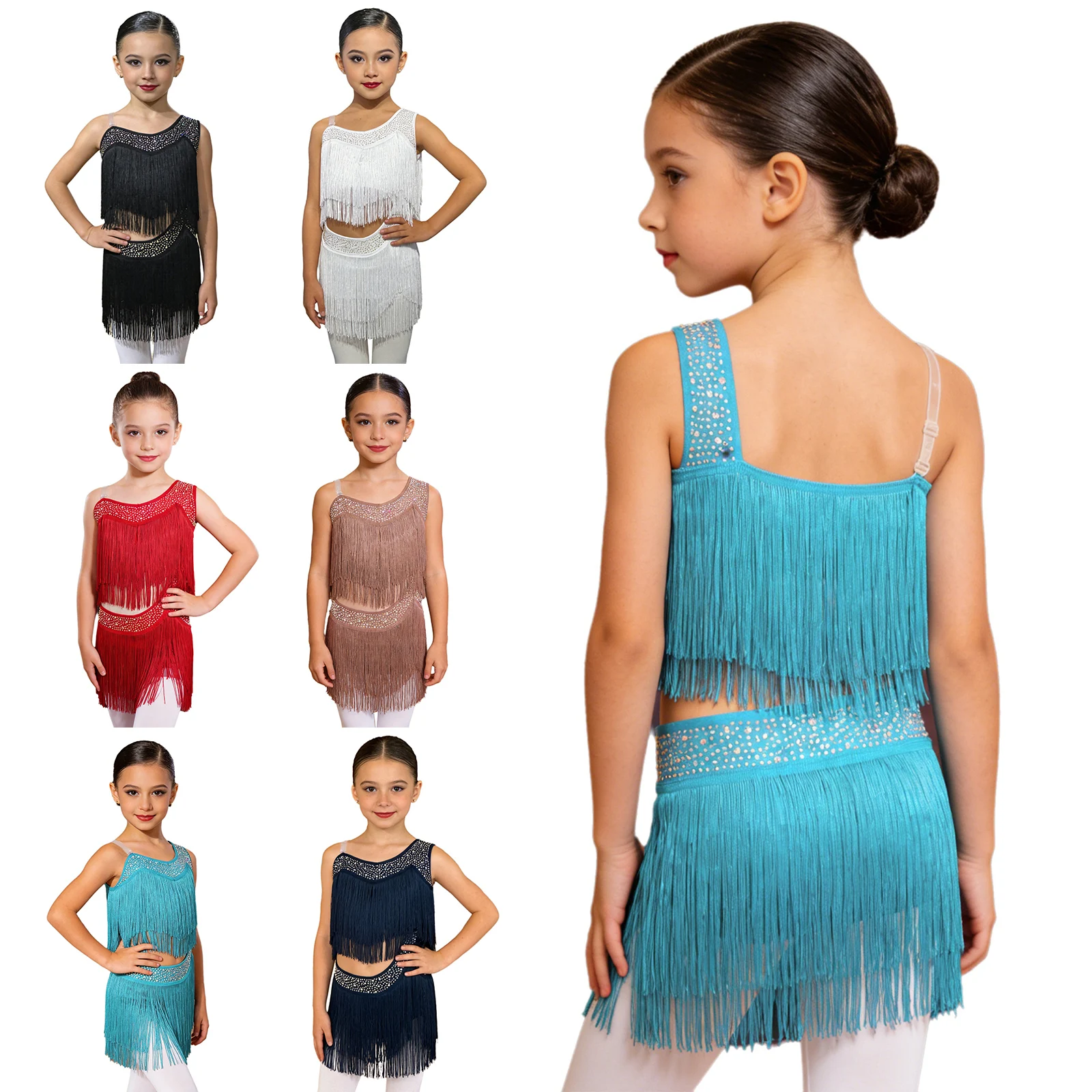 Girls Tassel Latin Dance Dress Jazz Cha-Cha Rumba Samba Tango Salsa Ballroom Costume Shiny Rhinestones Cutout Leotard Dresses