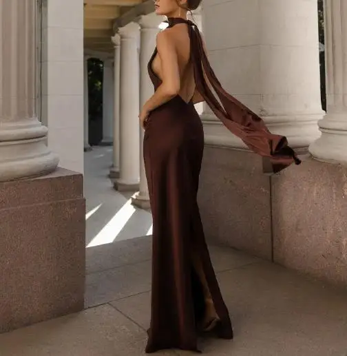 

Dress Women's 2025 Summer Latest Hot Selling New Fashionable and Sexy Satin Backless Solid Color Temperament Party Evening Dress