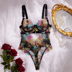 Sexy Floral Embroidered Lace Gather One-piece Jumpsuit French Style Fashion Women's Sexy Lingerie Set Female Bodysuit Underwear