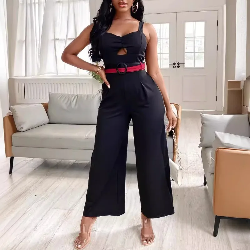 2024 Primavera Estate Nuove donne Abbigliamento Tinta unita Cinghie per spaghetti Senza maniche Scava fuori Cintura Pantaloni interi