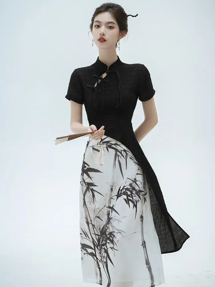 Fashion New Chinese Style Cheongsams Sexy Off Shoulder Qipao Black Patchwork Bamboo Chinese Dress Female Mandarin Collar Qipao