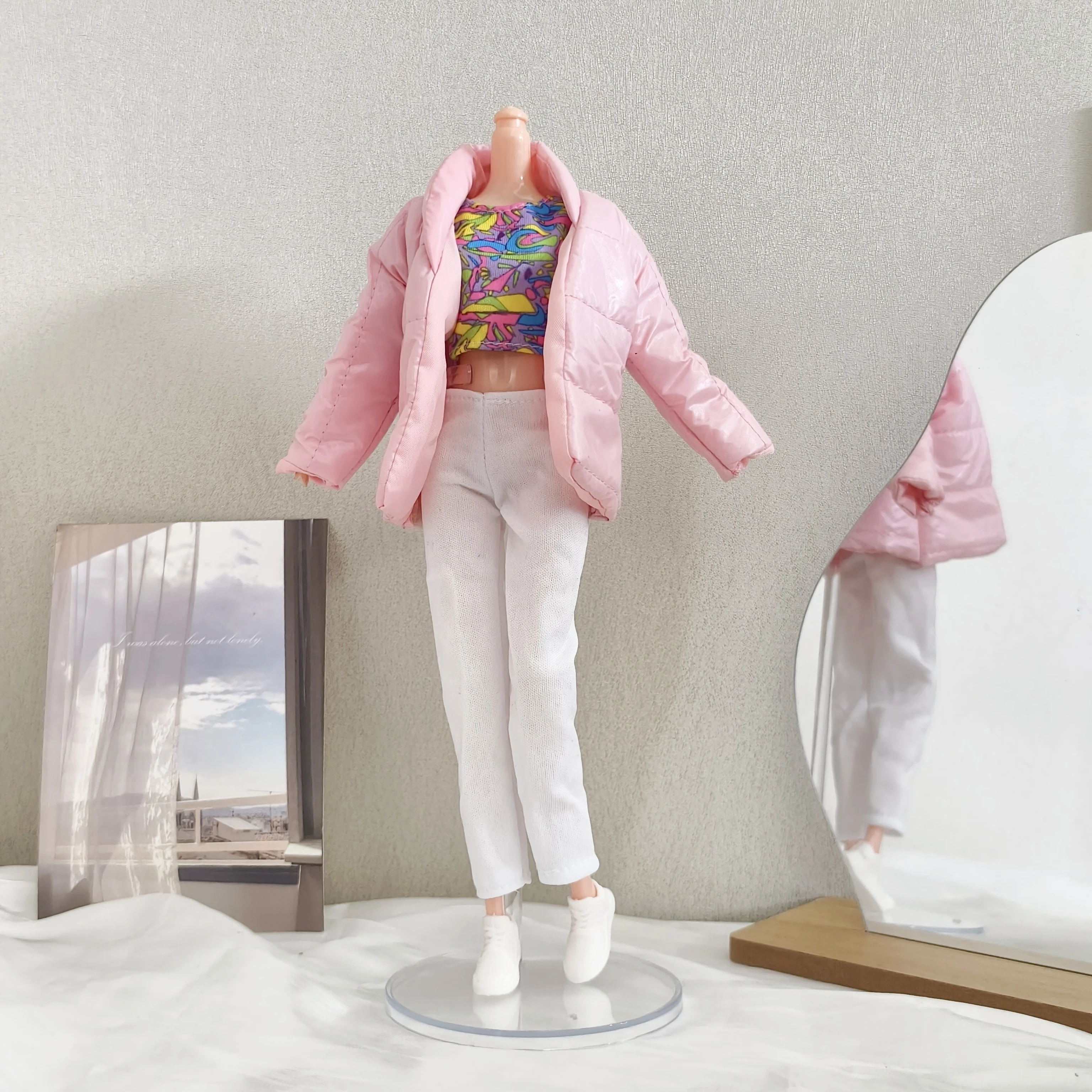 Mode Winter Roze Donsjack + Geometrische Top + Witte Broek Set Voor 1/6 Supermodel Pop Dress Up 30 cm Pop Kleding Accessoires