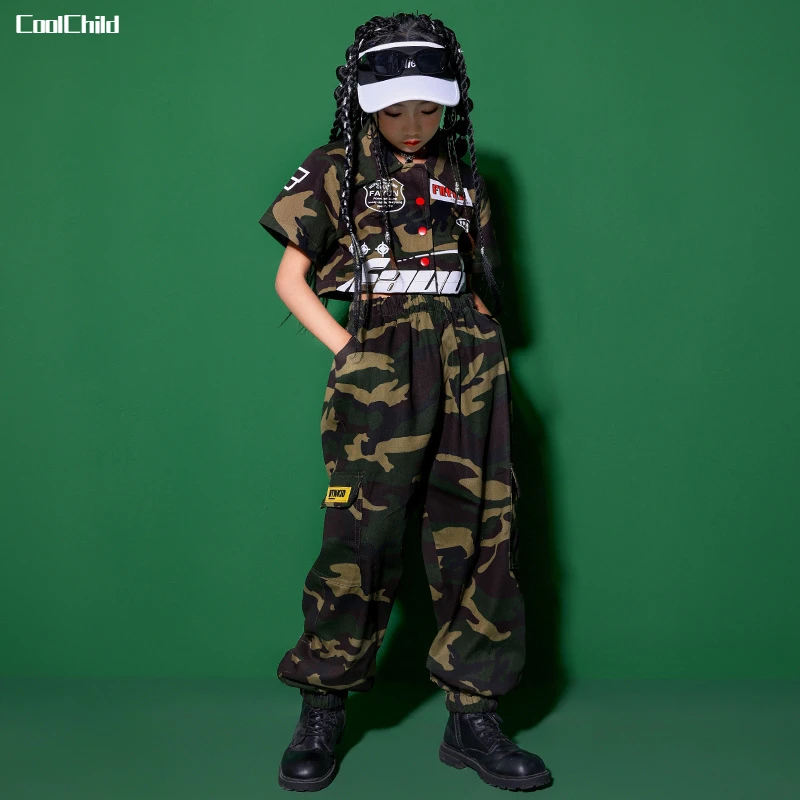 Hip Hop Girls Crop Short Sleeved Jacket Street Dance Camouflage Pants Child Military Streetwear Joggers Kids Jazz Clothes Sets