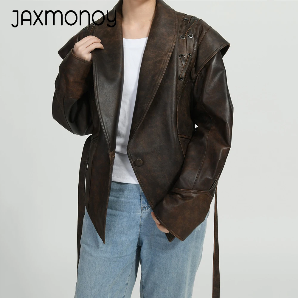 Jaxmonoy แจ็คเก็ตหนังแท้ผู้หญิง, เข็มขัดหรูหราหนังแท้บาง Y2K แจ็คเก็ตหนังแกะวินเทจ2024ฤดูใบไม้ผลิฤดูใบไม้ร่วง