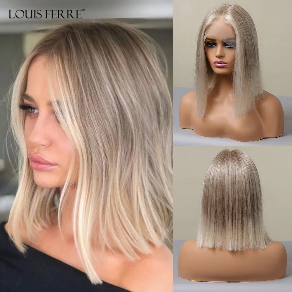 

LOUIS FERRE Short Straight Natural Lace Front Blonde Synthetic Wigs 13*1 T Part Ombre Blonde Dark Root Wig for White Women Daily