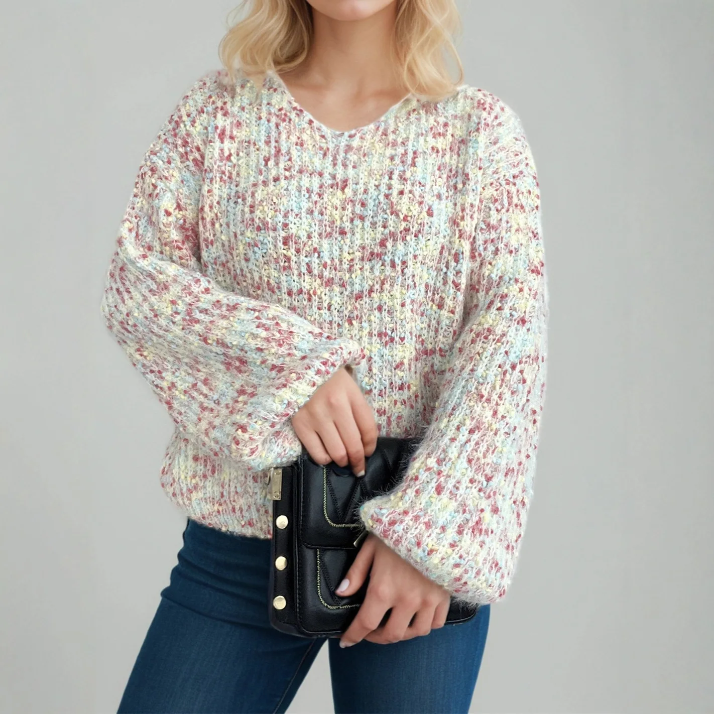 

2025 Color-Block Autumn Winter New Fashion Knitted Top Lazy Style Casual Warm V-Neck Unique Pullover