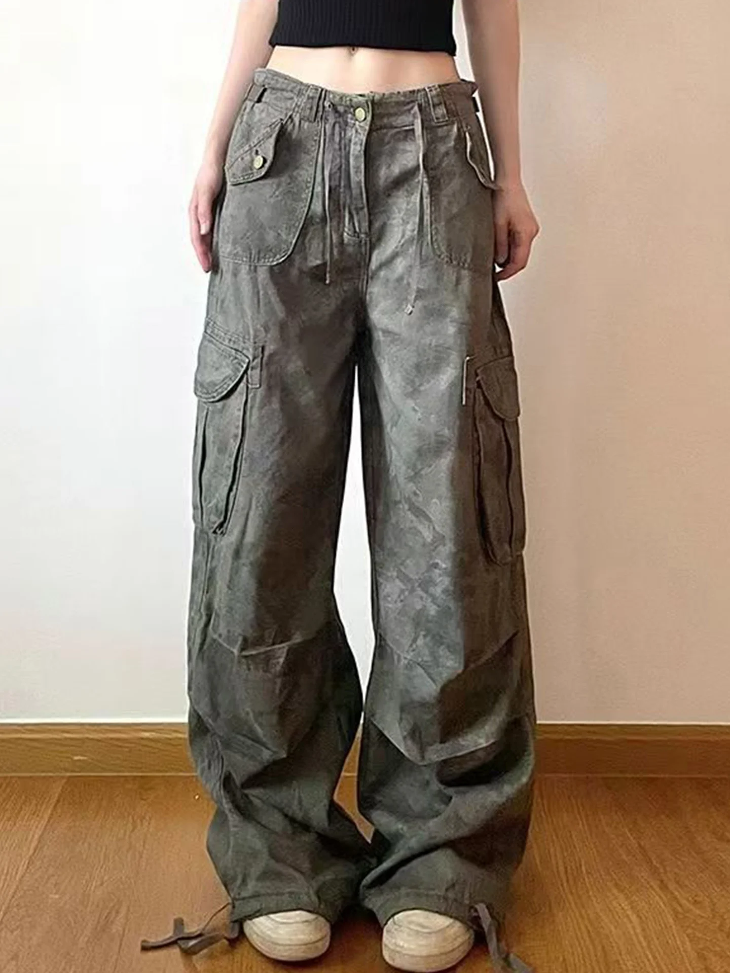 

American High Street Camouflage Workwear Loose Wide Leg Jeans Women's Adjustable Waist Multi ket Straight Leg Pants