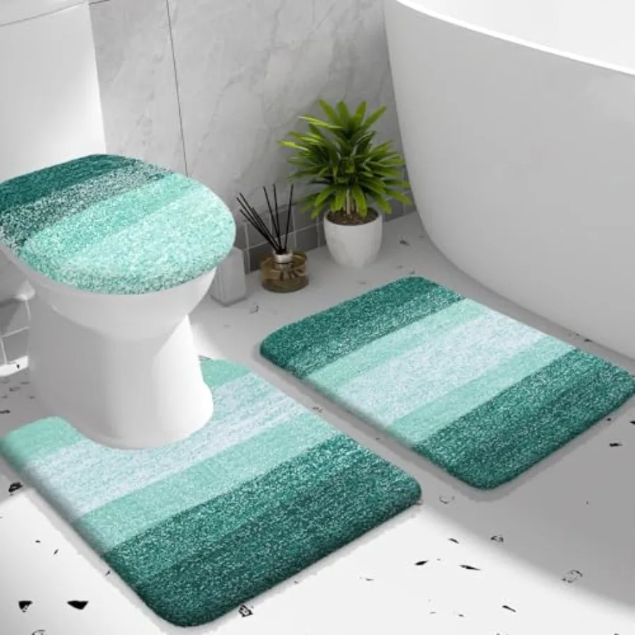 

Bathroom Rugs Sets 3 Pcs Soft Microfiber Absorbent Bath Mat U-Shaped Contour Toilet Mat and Toilet Lid Cover Quick Dry Machine