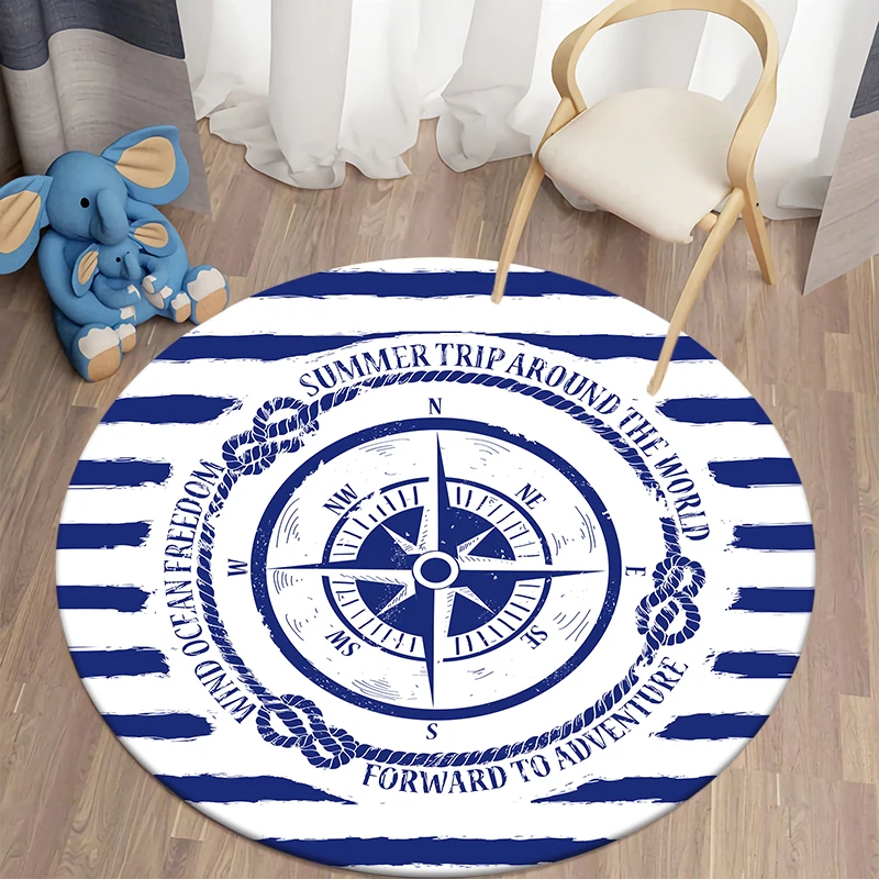 Nautical Round Rug Living Room Bedroom Kids  Soft Kitchen Area  Anti-Slip Flannel  Floor Mats