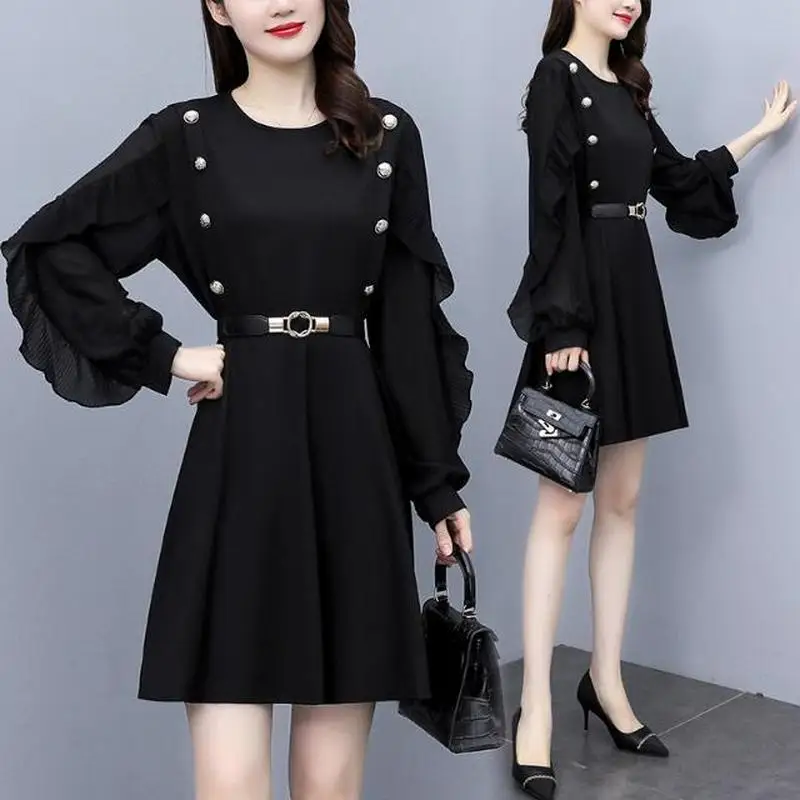 

Minimal Commuter Dress for Women 2023 Spring Summer New Arrival Black Mesh Splice Temperament Loose Slim A-llne Dresses