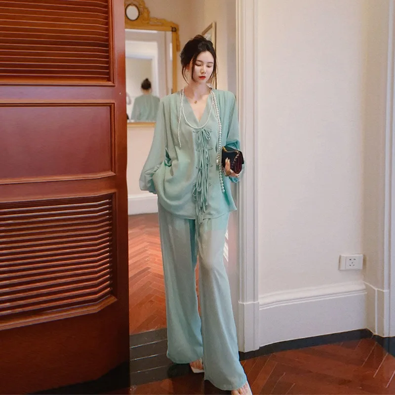 

Temperament Lacing Tassel Lazy Puff Sleeve Shirt High Waist Wide Leg Pants Fashion A Loungewear Set Loose Can Be Worn Outside