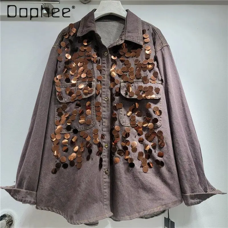 

2026 Early Spring New Heavy Beaded Sequin Turn-Down Collar Long Sleeve Shirt for Women Loose Slimming Versatile Top Trendy