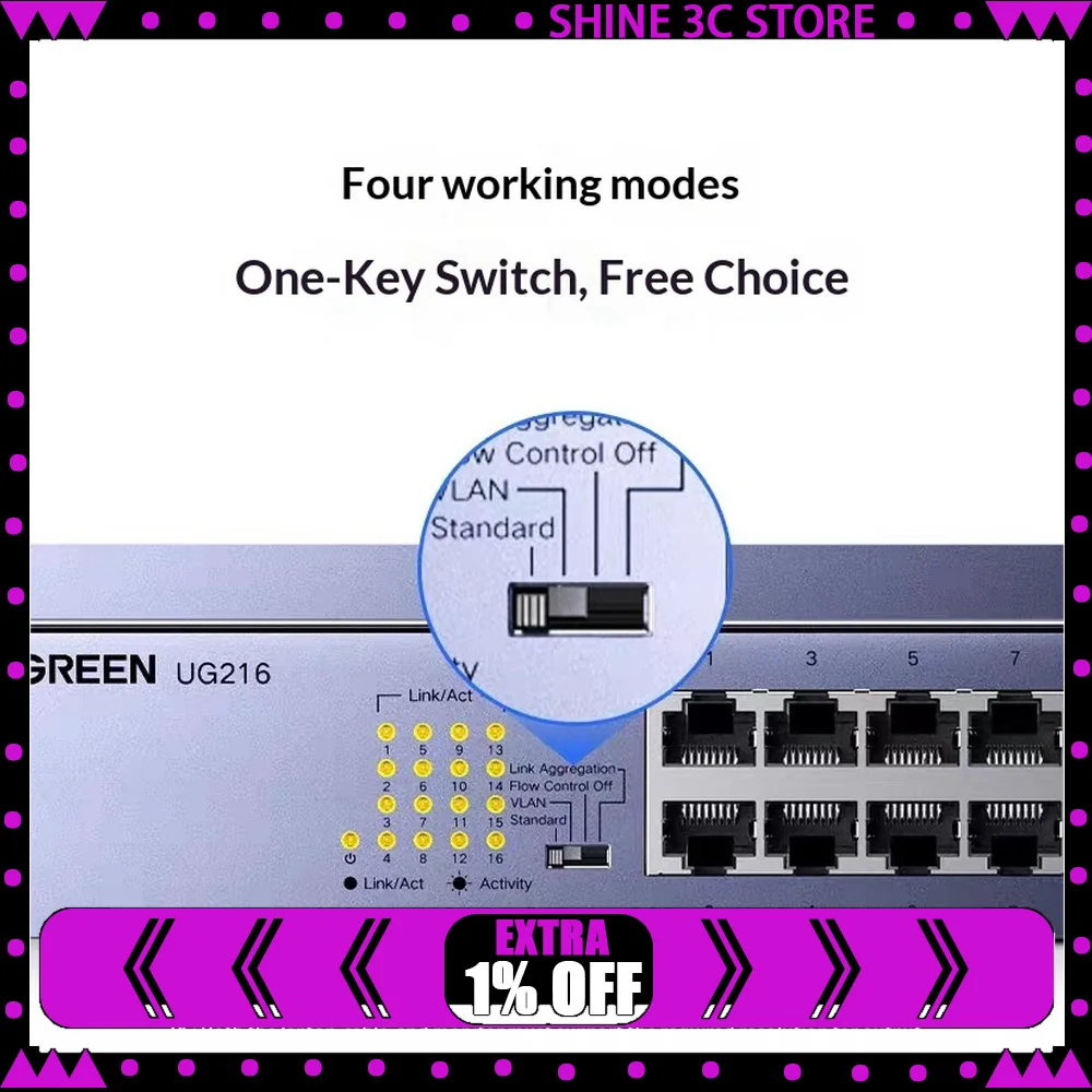 UGREEN CM939 75289 16 Port Gigabit Ethernet Switch 32Gbps Rackmount Network Splitter Plug and Play