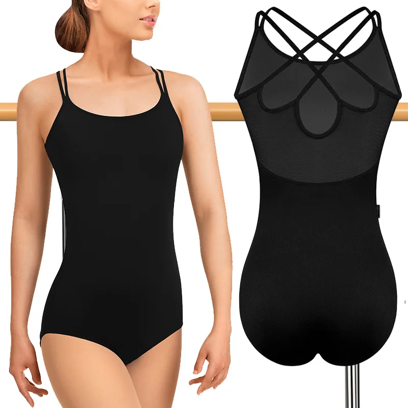 女性用ノースリーブキャミソールバレエダンスレオタード 大人用体操ダンスタンクトップ メッシュバックとダブルショルダーストラップ付き