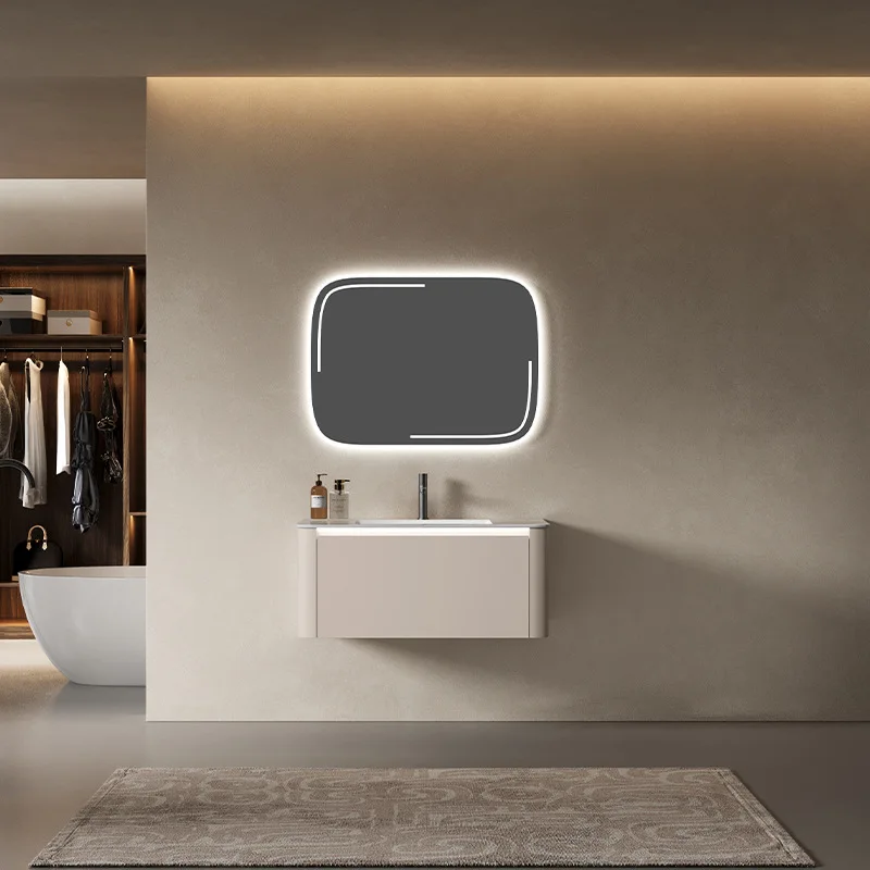 

Light Luxury Cream Wind Rock Slab Bathroom Cabinet Ceramic Integrated Basin with LED Light Mirror Cabinet Combined