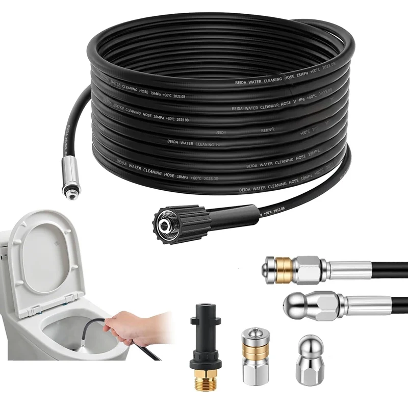 Juego de Mangueras para Limpieza de Drenajes Compatible con Limpiadoras de Alta Presión Karcher K2 K3 K4 K5 K6 K7, Incluye Boquilla Adaptadora