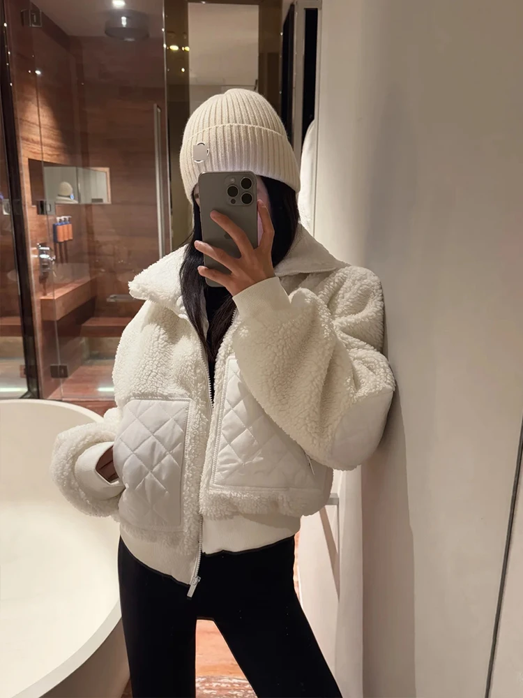 

Теплая верхняя одежда с воротником из меха ягненка, женская верхняя одежда Oversize Spor Jaet, топ на молнии, длинная сверовая длина, повседневная одежда