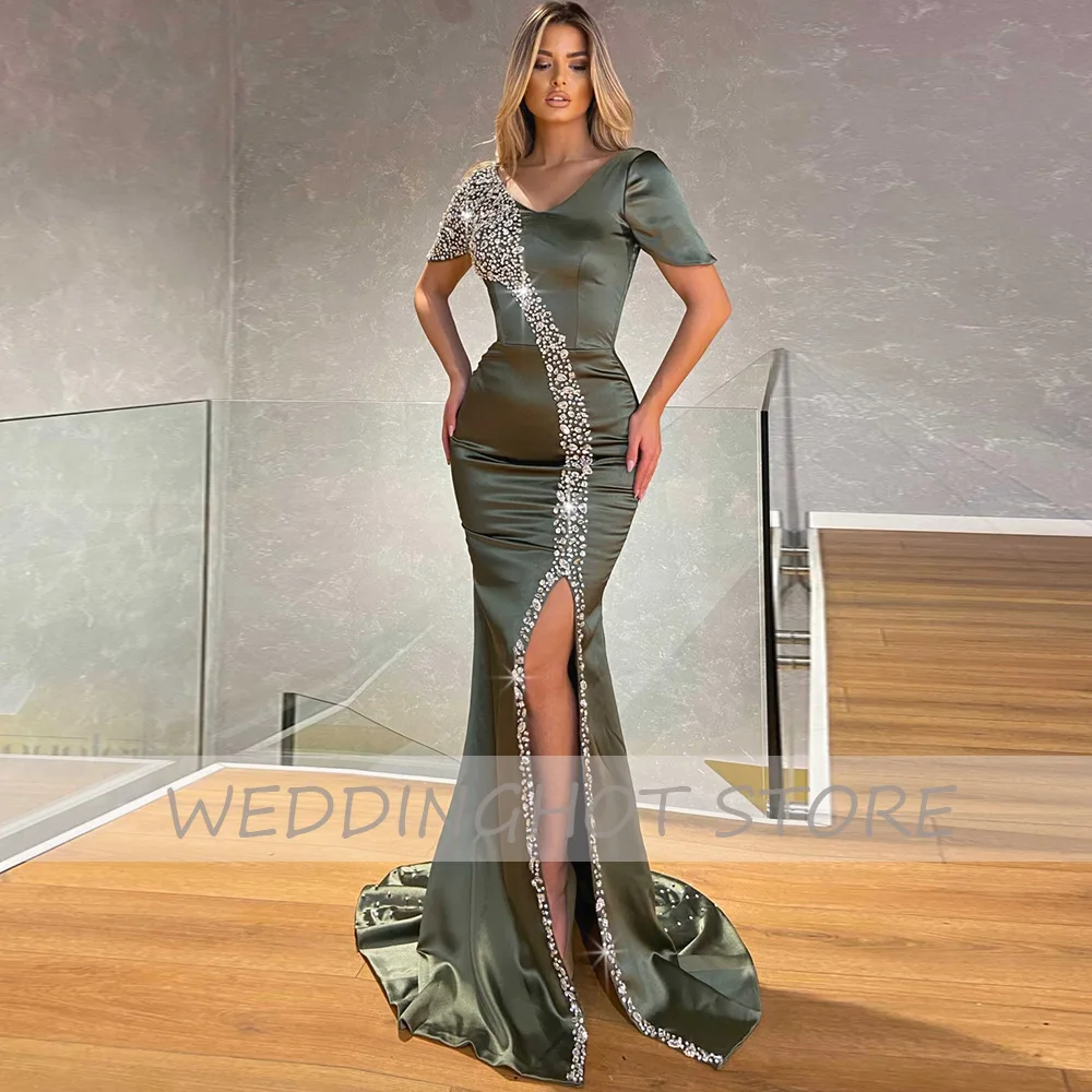 V-hals Avondjurken 2022 Prachtige Kralen Korte Mouwen Mermaid Party Dress Green Satin Sexy Side Split Rits Baljurken