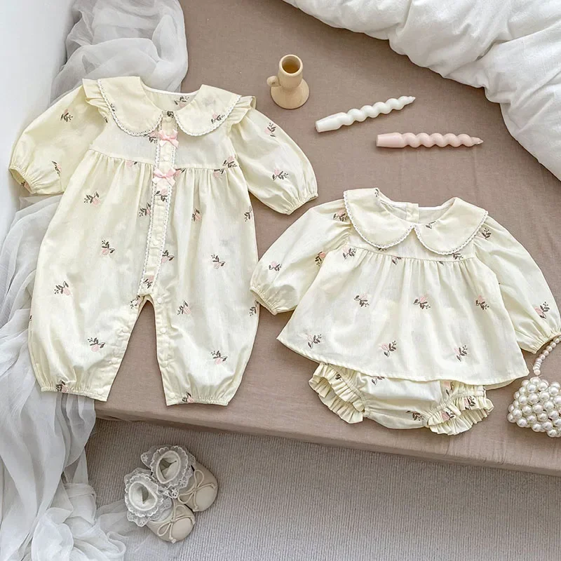 2024 New Autumn Infant Baby Girls Clothing Set Long Sleeved Cotton Embroidered Shirt+Shorts Toddler Baby Girl Clothes Suit