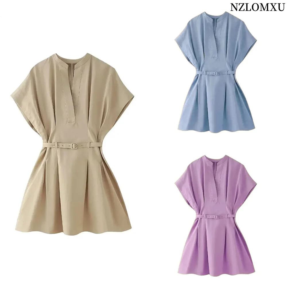 

2024 Summer Fashion Pleated Short Dresses for Women Dress Woman Short Sleeve With Belt Mini Dress Casual Slim Dresse