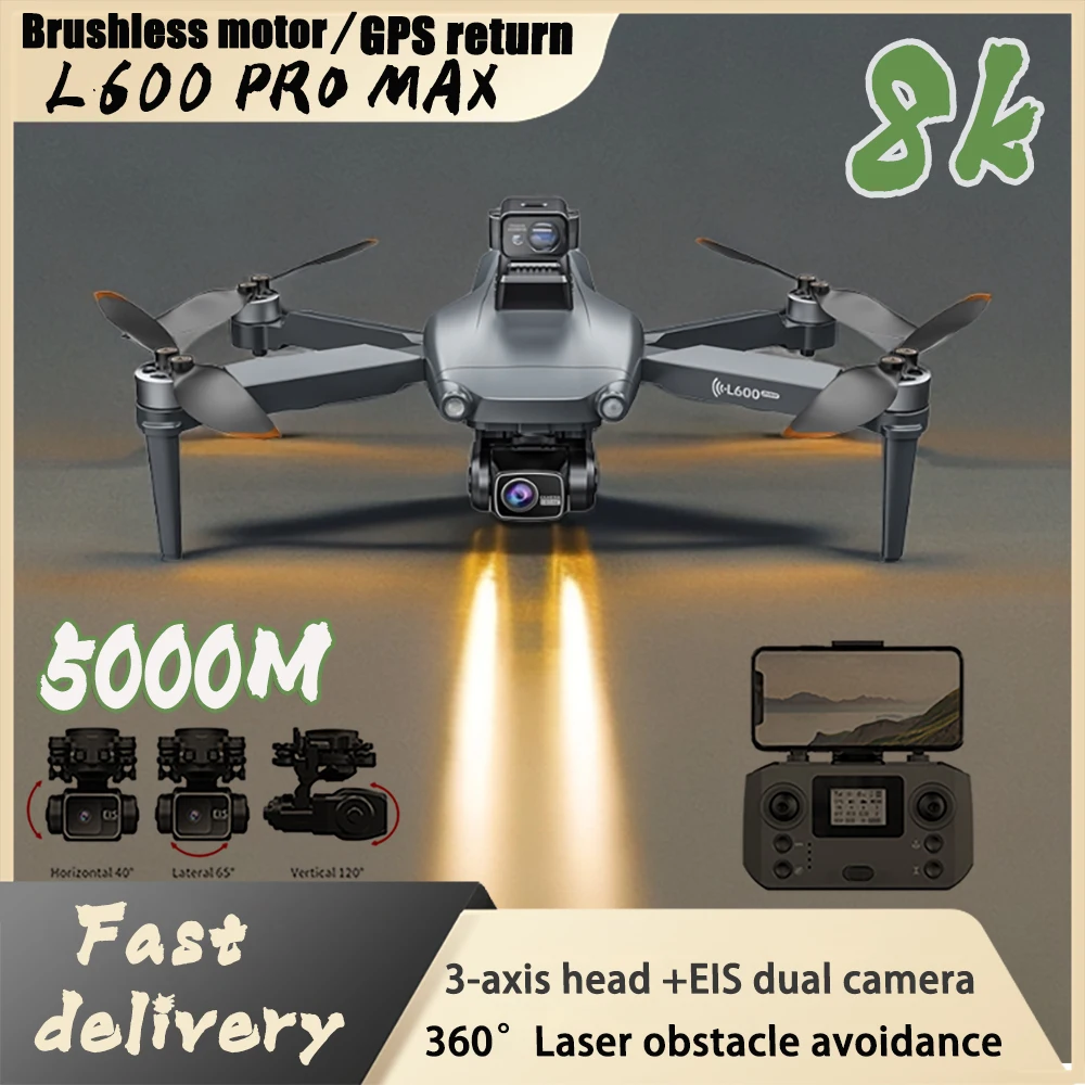 NEW L600 PRO MAX GPS Drone Professional 3-axis PTZ 8K EIS Dual Camera Obstacle Avoidance Brushless 5G WIFI RC FPV Quadcopter Toy