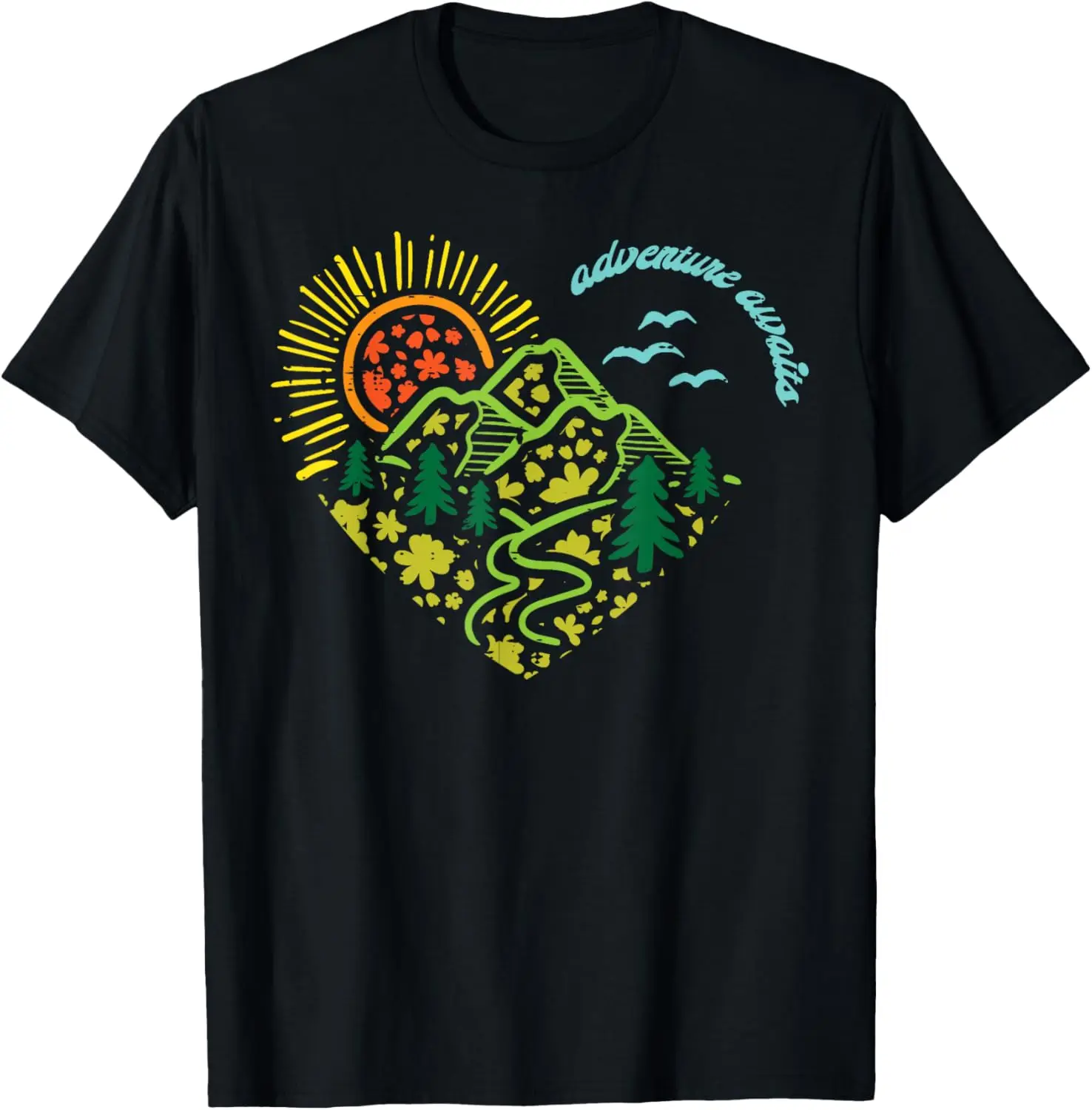 

Adventure Awaits Mountain Sun Graphic Print Cotton T-Shirt Hiking Camping Travel Tee
