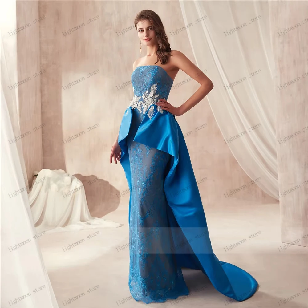 ゴージャスなイブニングドレス サテン プロムドレス レース アップリケ ストラップレス バックレス ローブ フォーマルパーティー用 ベスティドス デ ガラ カスタマイズ