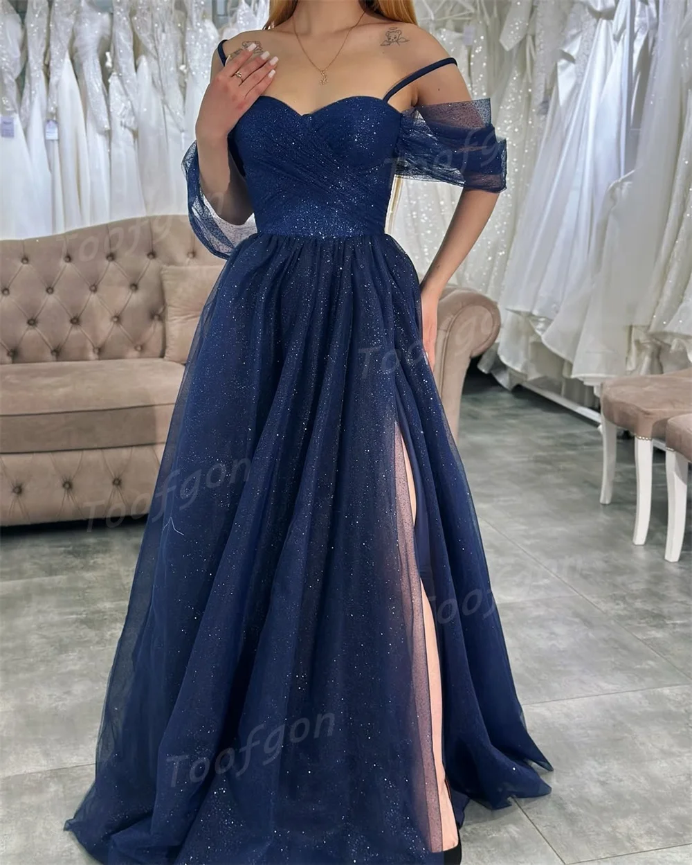 فساتين سهرة على شكل قلب من Tulle لامعة من Toofgon بدون أكتاف وفتحة عالية مخصصة للحفلات الرسمية للنساء مناسبة خاصة