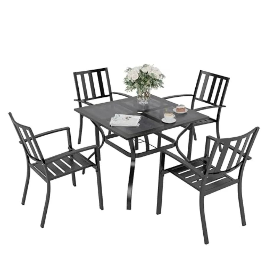 

5 Pieces Outdoor Dining Set for 4 with Metal Steel Square Table and Umbrella Hole Stackable Black Wrought Iron Chairs Heavy-Dut