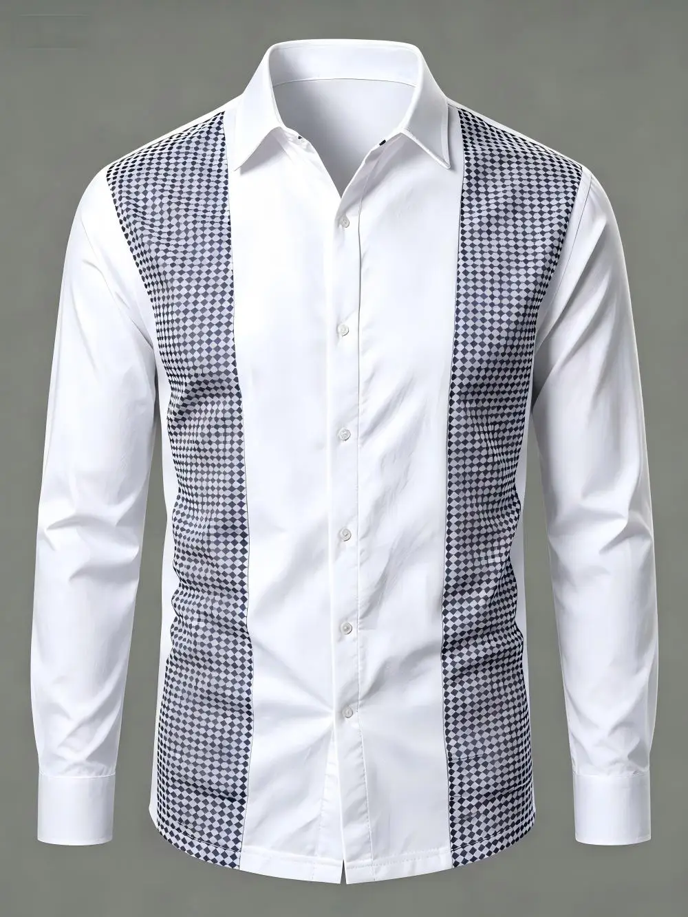 Men's long sleeved shirt with diamond grid print, breathable regular style, casual button up casual top