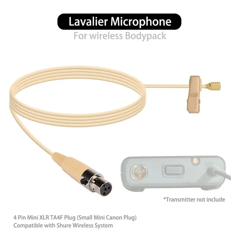 For Wireless Compatible Collar Style Condenser Microphone, 4-Pin TA4F Plug Connector For Waist Pack Transmitters