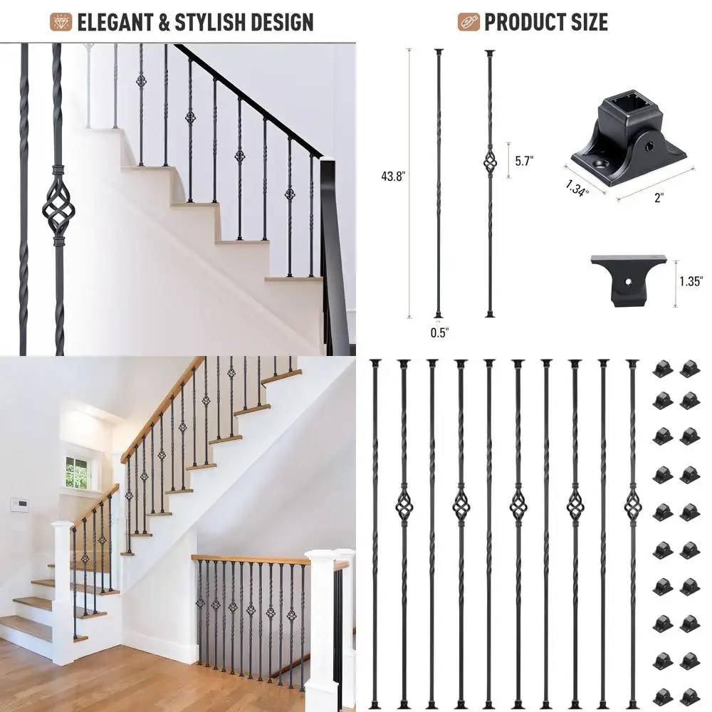 

10-Piece Staircase Balusters, 1/2 x 43.8 Hollow Single Basket and Double Iron, Indoor Use with 20 Swivel Shoes