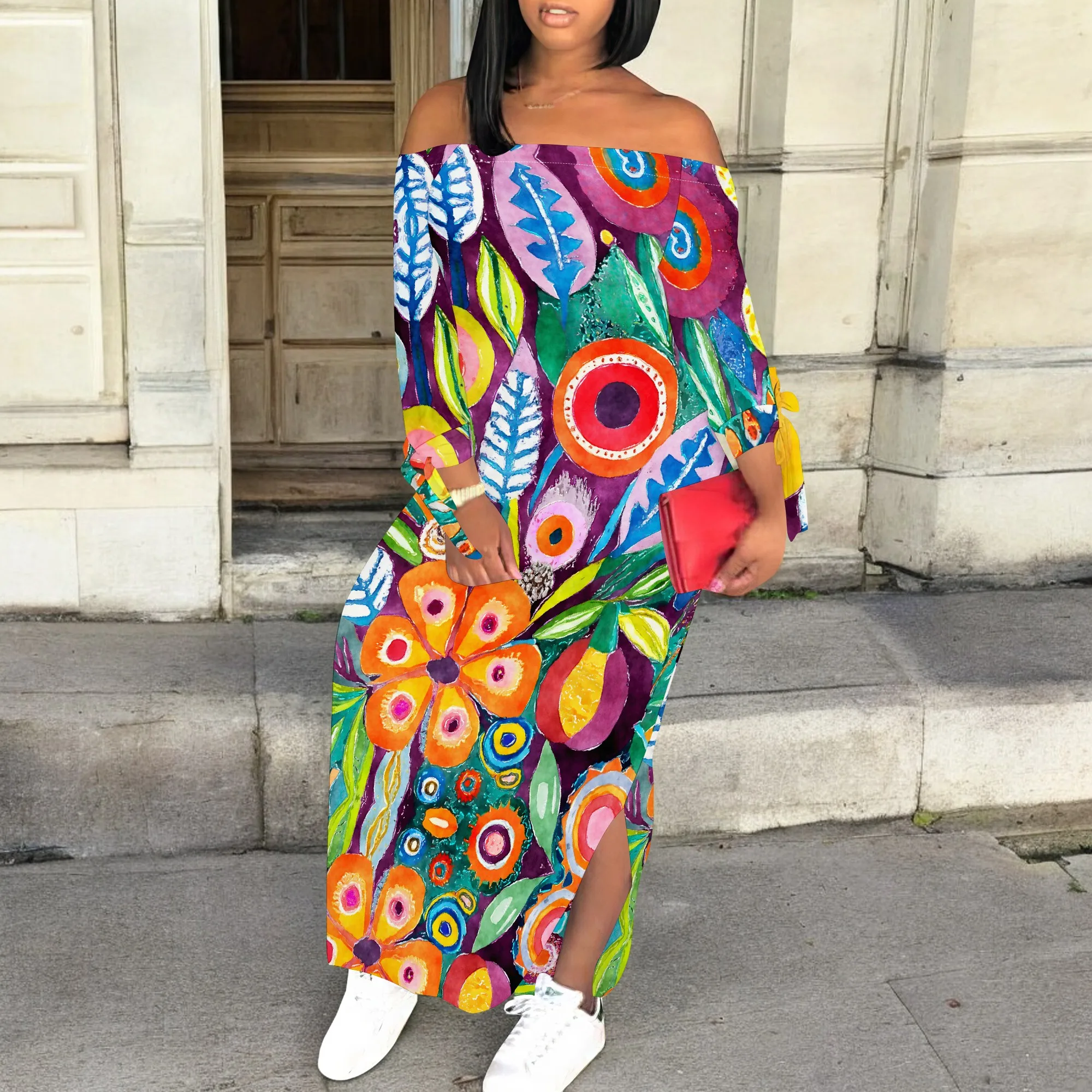 

Women's Floral Maxi Dress Boho Off Shoulder Long Sleeve Loose Dress with Slit for Vacation Beach Wear S-3XL