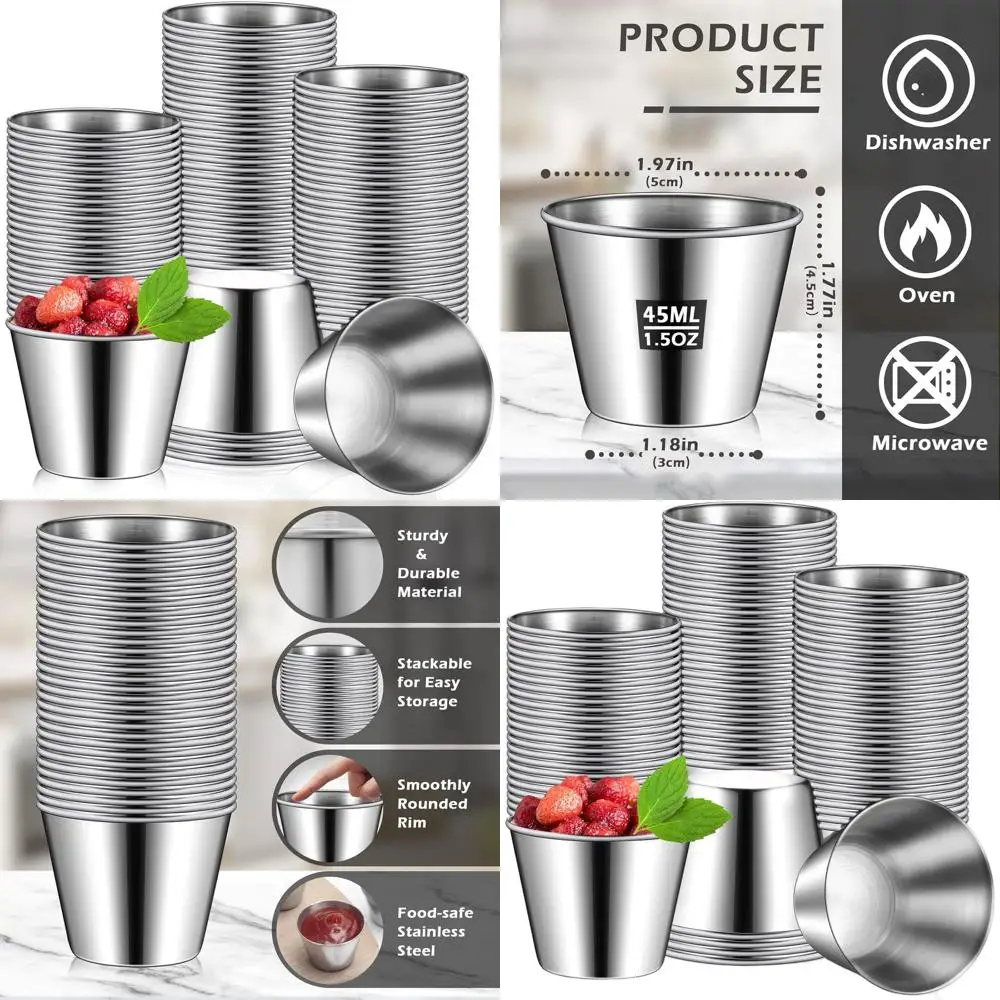 

100 Pack 1.5oz Stainless Steel Dipping Cups for Condiments, Ideal for Kitchen, Restaurant, and Party Use