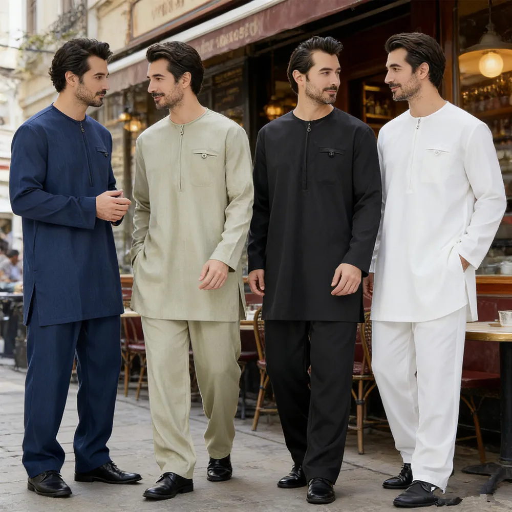 

2PCS Men Muslim Pocket Tops and Pants Suit Dubai Abaya Dress Arab Robe Turkey Kaftan Jubba Thobe Daffah Dishdasha Islam Clothing