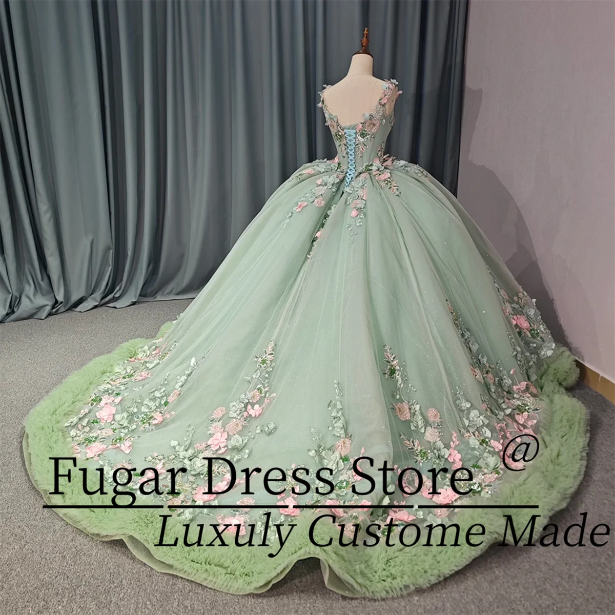 Robe de Quinceanera verte personnalisée, fleurs 3D, décorations de perles scintillantes, robes de bal à lacets dans le dos, 15 quinceañera