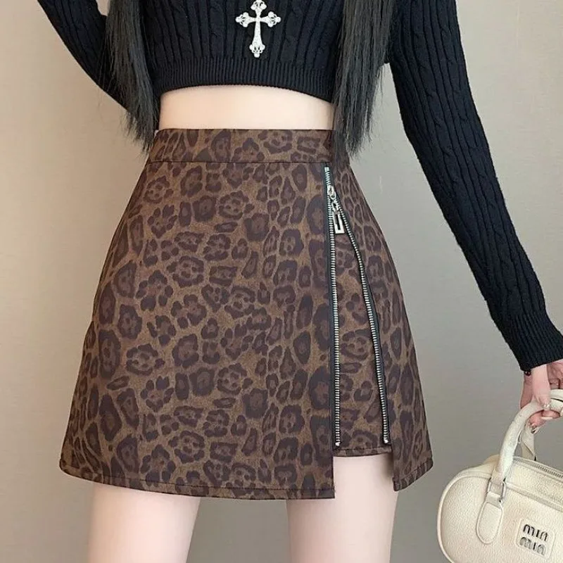 Suede Skirt Autumn and Winter 2025 New High-waisted A-line Skirt Versatile Hip-covering Skirt Hot Girl Leopard Print Skirt
