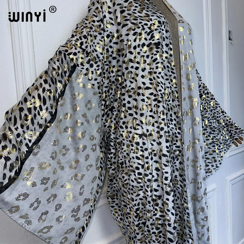 WINYI Kimono Women leopard Print Hot stamping cardigan Female kaftan abaya dubai luxury beach Cover Up boho clothing party dress