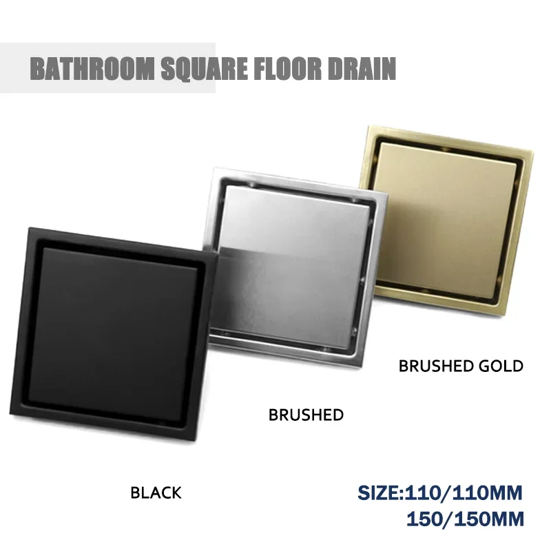 Brushed Gold Bathroom Deodorant Floor Drain Stainless Steel Square Garbage Filter Drainage Tile Embedded Invisible Floor Drain