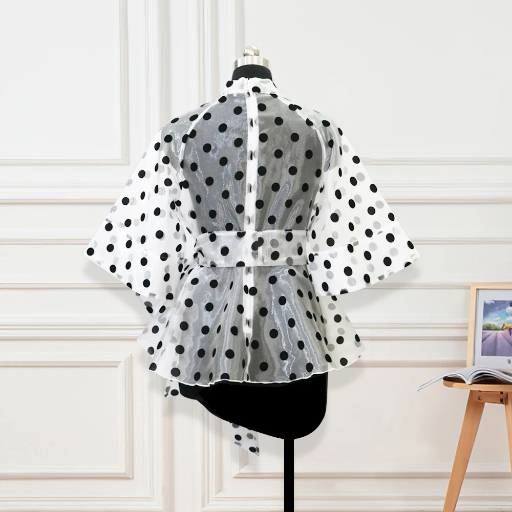 Women White Tops Polka Dot See Through Blouse Peplum Half Flared Sleeves Waist Belt Summer Fall Loose Casual Female Clothes New