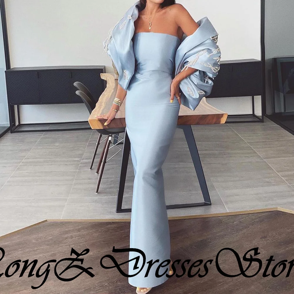CustomizedSatin Straight Half Sleeves Off the Shoulder Ankle Length Pleats Solid Color Fashion Crystal Bespoke Occasion Gowns Cl image 2
