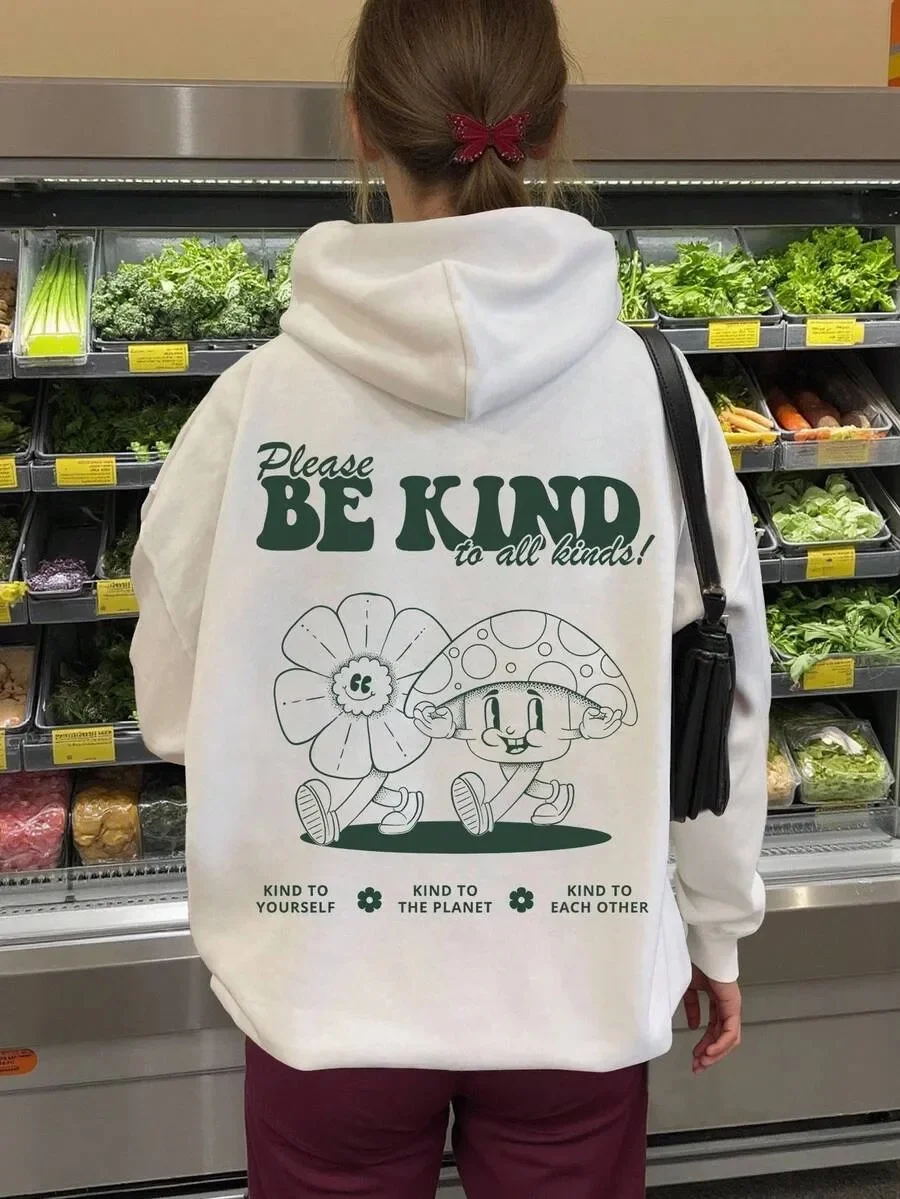 

Хлопковая толстовка с теплой сердцем «Please BE KIND» Message and Adorable Flower — грибная графика для доброты и рекомендаций